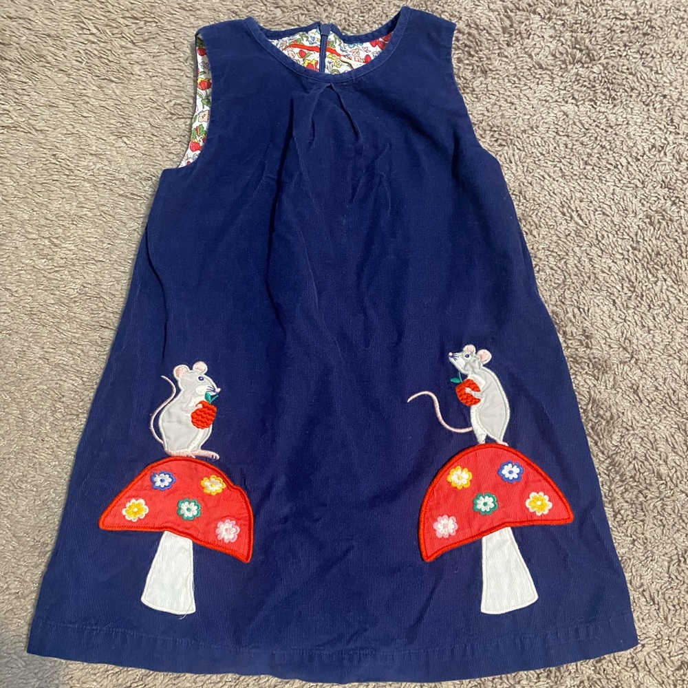 Mini Boden Mouse Mushroom pinnie pinafore corduroy dress with mice embroidered